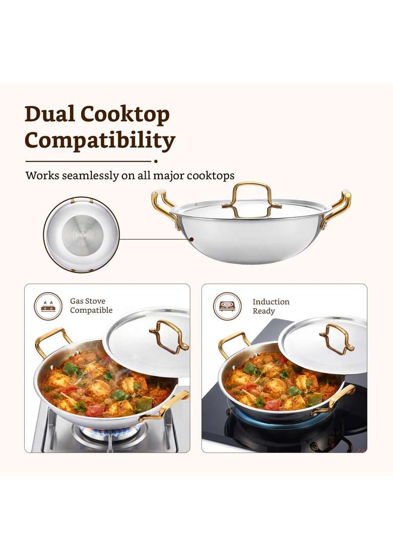 Solimo Amazon Brand Solimo Premium Triply Stainless Steel Kadhai Wok | 3.2 L | 3.4 Qt | 26 cm | 10.2 Inch | Induction Compatible - Indya