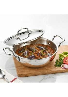 SOLARA Triply Stainless Steel Kadai Wok with SS Lid | 22 cm | 8.7 Inch | Induction Compatible | Heavy Bottom