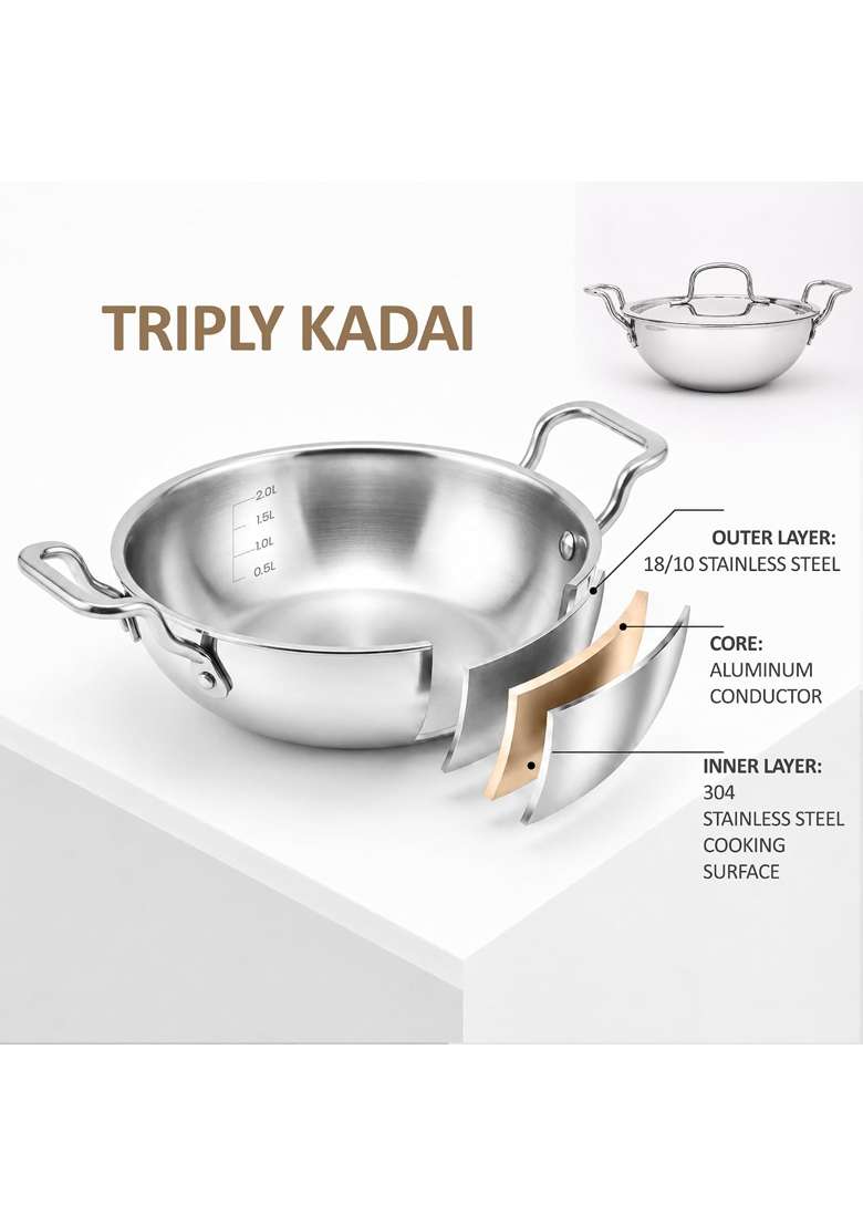 SOLARA Triply Stainless Steel Kadai Wok with SS Lid | 22 cm | 8.7 Inch | Induction Compatible | Heavy Bottom - Indya
