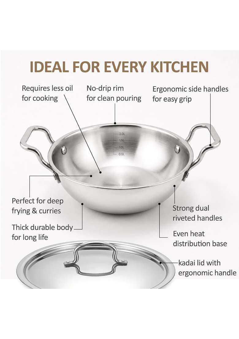 SOLARA Triply Stainless Steel Kadai Wok with SS Lid | 22 cm | 8.7 Inch | Induction Compatible | Heavy Bottom - Indya