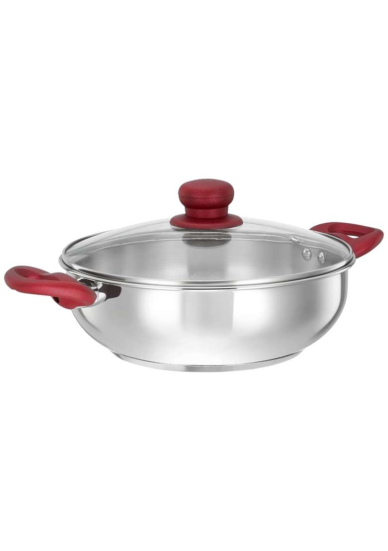 Solimo Amazon Brand Solimo Stainless Steel Heavy Bottom Kadai Wok with Glass Lid | 24 cm | 9.4 Inch | Induction Compatible - Indya