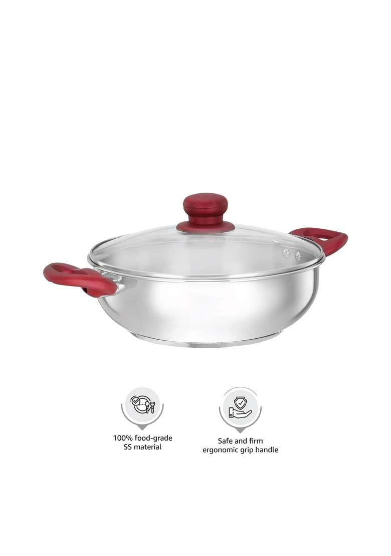 Solimo Amazon Brand Solimo Stainless Steel Heavy Bottom Kadai Wok with Glass Lid | 24 cm | 9.4 Inch | Induction Compatible - Indya