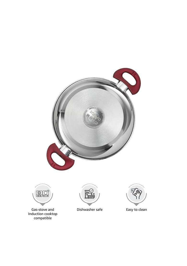 Solimo Amazon Brand Solimo Stainless Steel Heavy Bottom Kadai Wok with Glass Lid | 24 cm | 9.4 Inch | Induction Compatible - Indya
