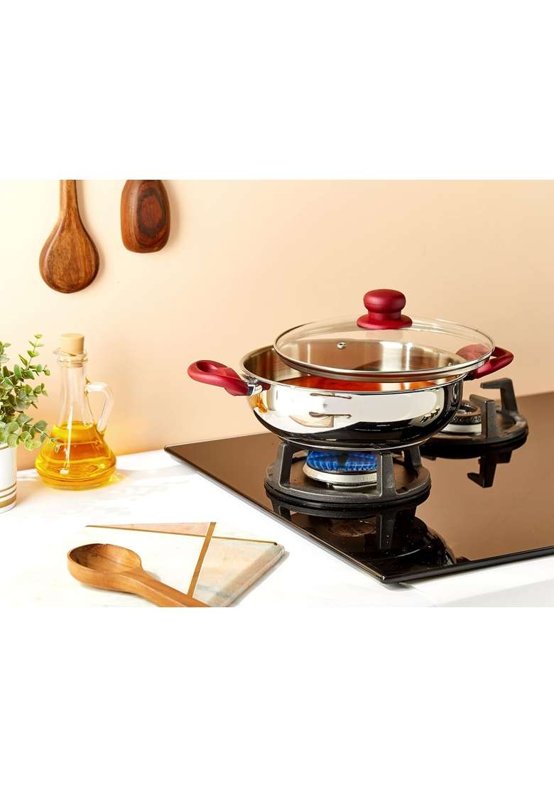 Solimo Amazon Brand Solimo Stainless Steel Heavy Bottom Kadai Wok with Glass Lid | 24 cm | 9.4 Inch | Induction Compatible - Indya