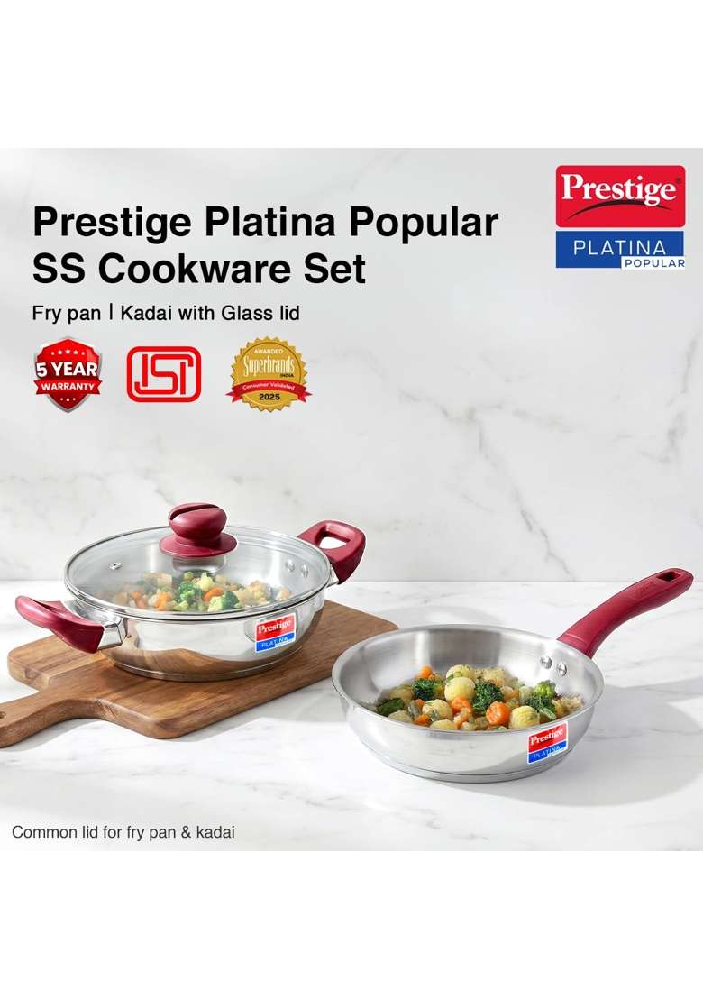 Prestige Stainless Steel Cookware Set with Glass Lid | 2.25 L | 2.4 Qt | 24 cm | 9.4 Inch | Pack of 2 | Induction Compatible | Tri-Ply - Indya
