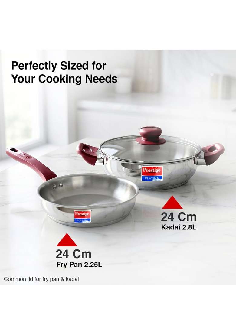 Prestige Stainless Steel Cookware Set with Glass Lid | 2.25 L | 2.4 Qt | 24 cm | 9.4 Inch | Pack of 2 | Induction Compatible | Tri-Ply - Indya