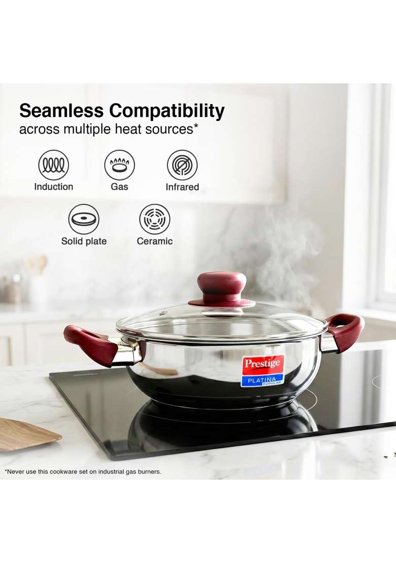Prestige Stainless Steel Cookware Set with Glass Lid | 2.25 L | 2.4 Qt | 24 cm | 9.4 Inch | Pack of 2 | Induction Compatible | Tri-Ply - Indya