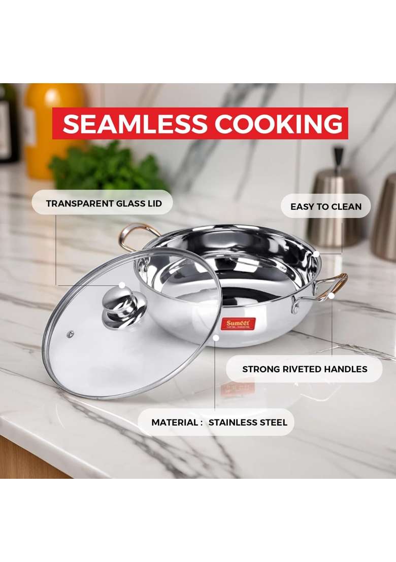 Sumeet Stainless Steel Induction Bottom | 3 L | 3.2 Qt | 8.6 cm | 3.4 Inch | With Lid - Indya