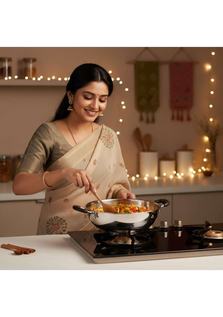 Solimo Amazon Brand Solimo Stainless Steel Kadhai Wok | 3 L | 3.2 Qt | 25 cm | 9.8 Inch | Induction Compatible | Heavy Bottom - Indya