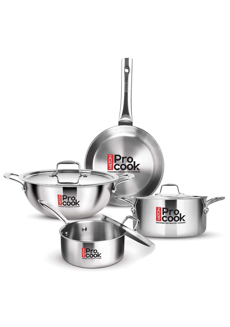 MILTON Pro cook Triply Stainless Steel Cookware Set | 2.1 L | 2.2 Qt | 20 cm | 7.9 Inch | 7-Piece Set | Induction Compatible | With Lid - Indya