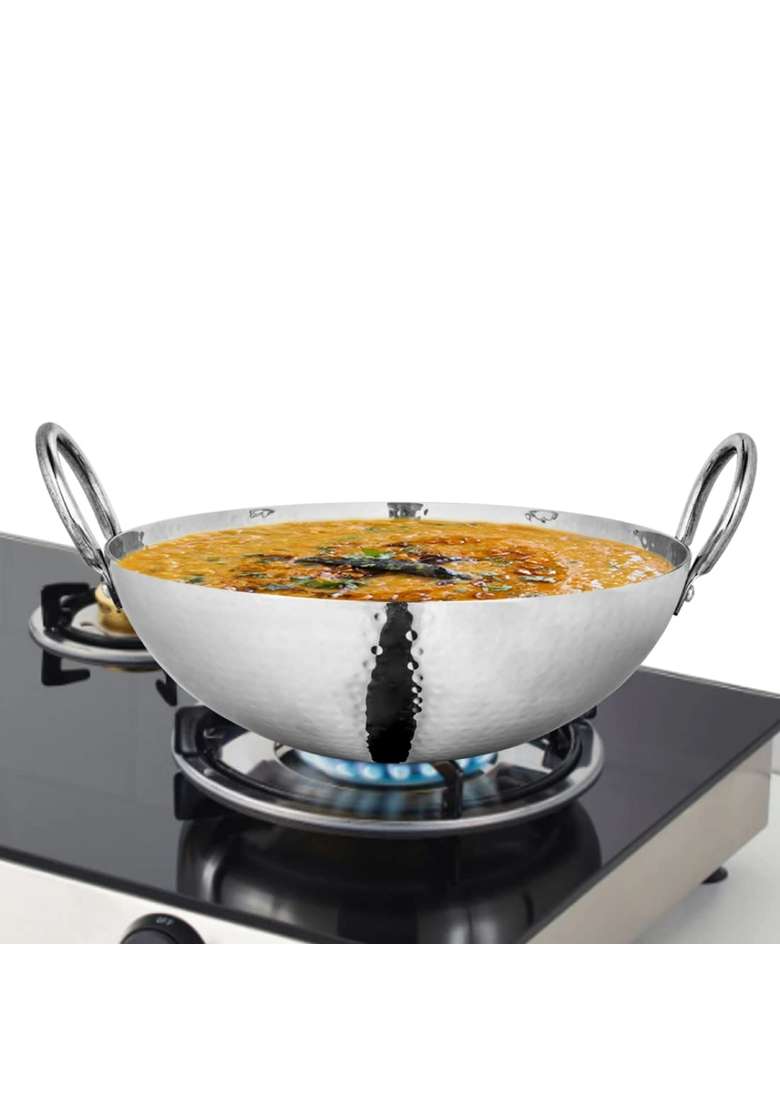 Shri and Sam Stainless Steel Triply Deep Pro Light Weight Hammered Kadhai Wok | 1.5 L | 1.6 Qt | 20 cm | 7.9 Inch - Indya