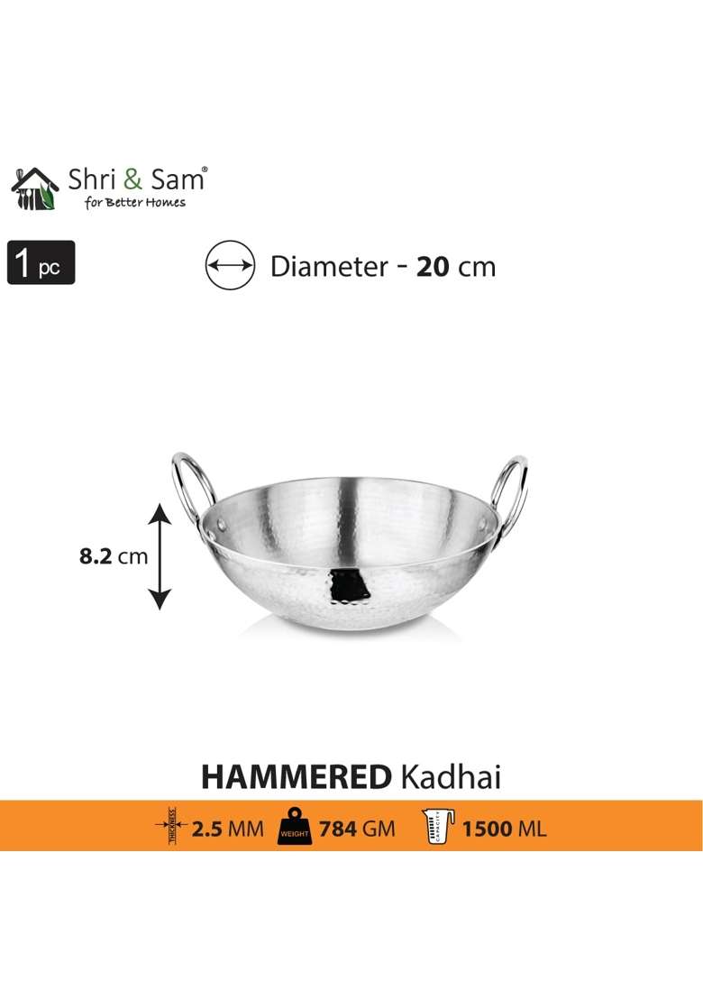 Shri and Sam Stainless Steel Triply Deep Pro Light Weight Hammered Kadhai Wok | 1.5 L | 1.6 Qt | 20 cm | 7.9 Inch - Indya