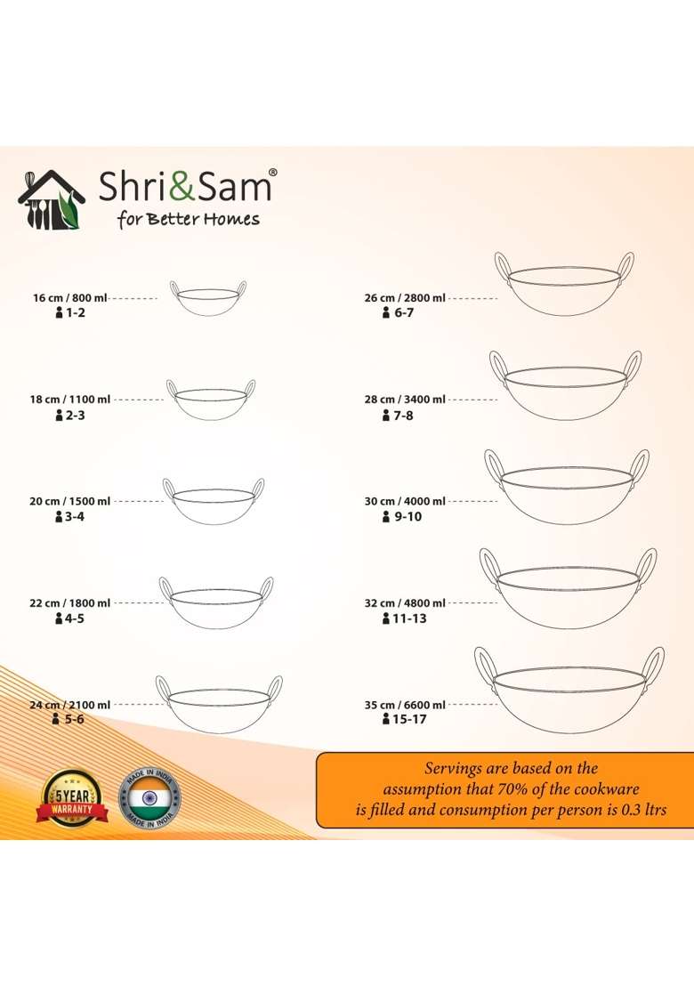 Shri and Sam Stainless Steel Triply Deep Pro Light Weight Hammered Kadhai Wok | 1.5 L | 1.6 Qt | 20 cm | 7.9 Inch - Indya