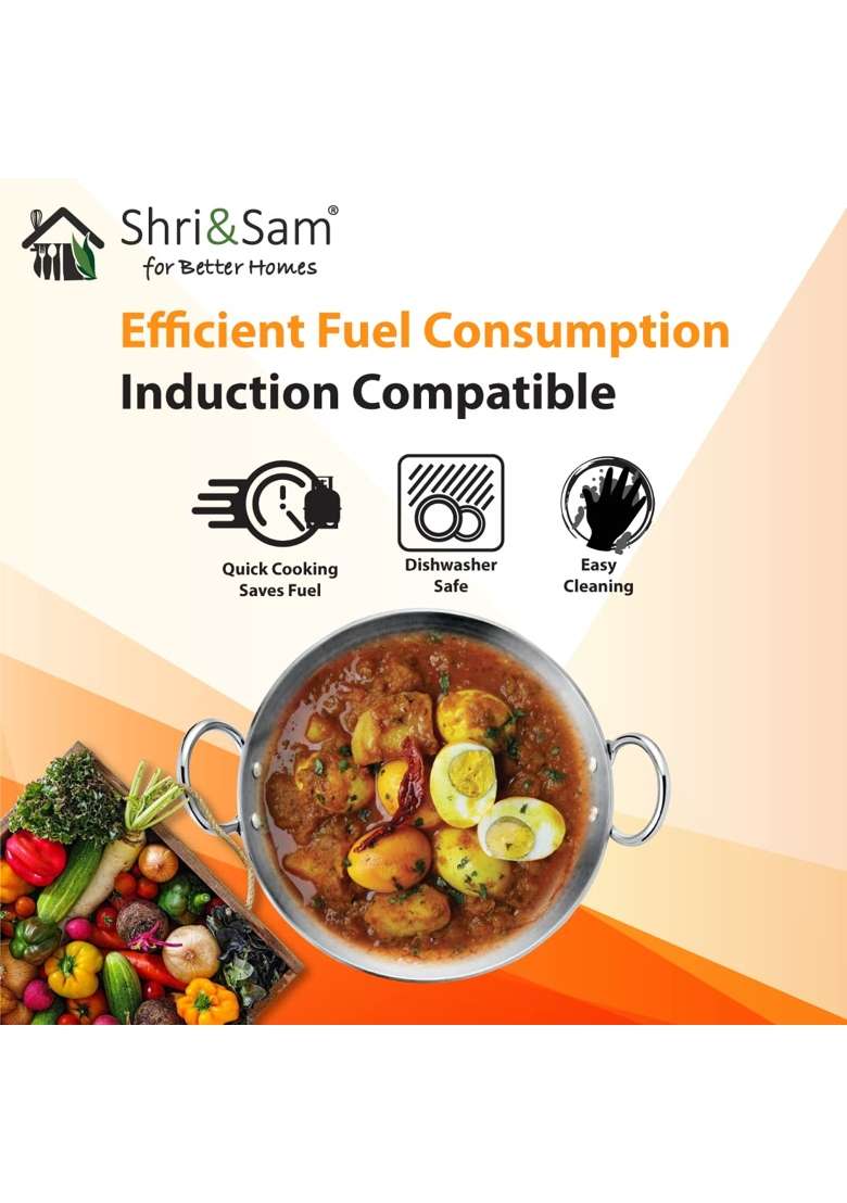 Shri and Sam Stainless Steel Triply Deep Pro Light Weight Hammered Kadhai Wok | 1.5 L | 1.6 Qt | 20 cm | 7.9 Inch - Indya