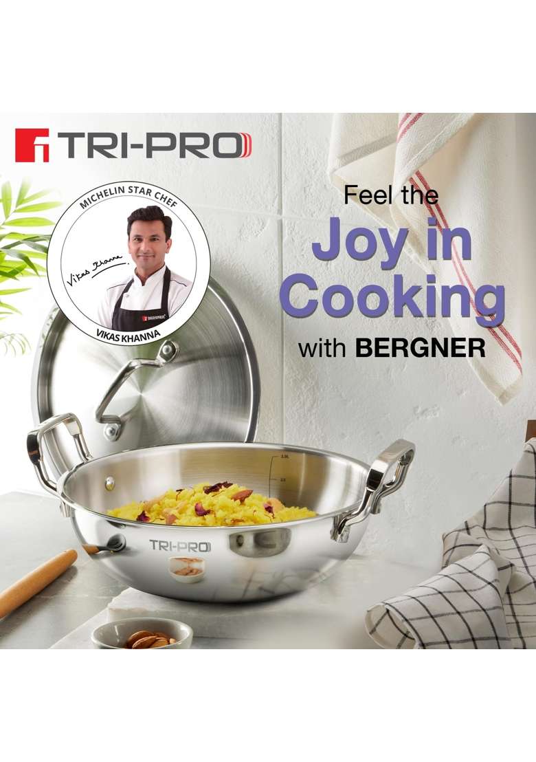BERGNER BE Essentials Tripro Triply Stainless Steel Kadai Wok | 2.5 L | 2.6 Qt | 24 cm | 9.4 Inch | Induction Compatible - Indya