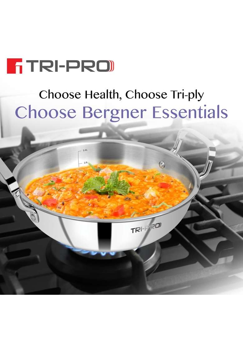 BERGNER BE Essentials Tripro Triply Stainless Steel Kadai Wok | 2.5 L | 2.6 Qt | 24 cm | 9.4 Inch | Induction Compatible - Indya
