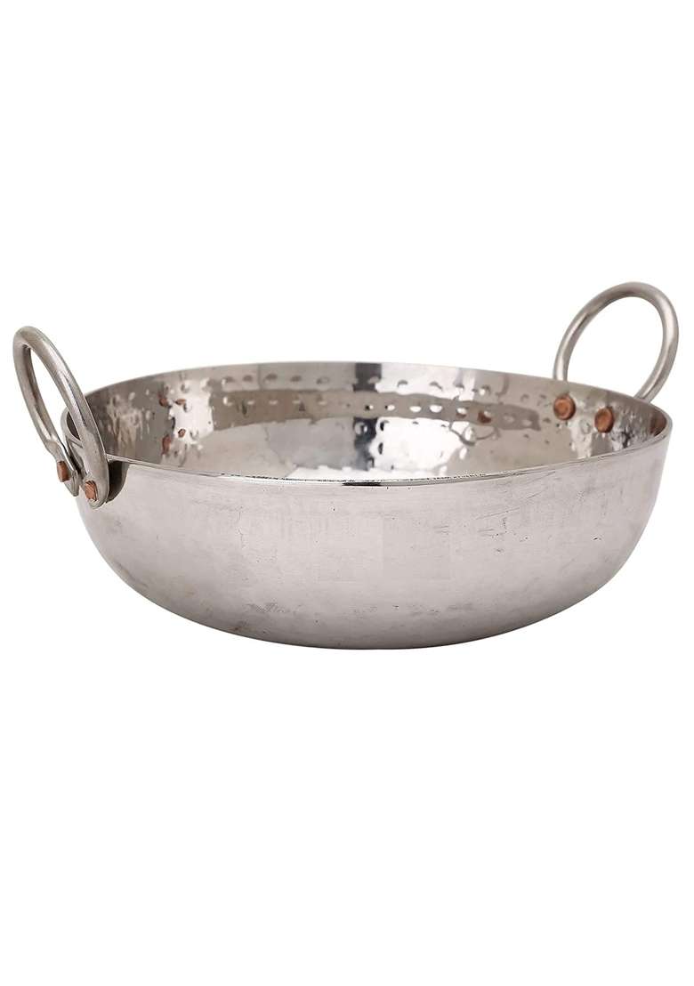 KC Sandwich Bottom Heavy Guage Stainless Steel Hammered Kadhai Wok Cookware | 1500 ml | 50.7 fl oz - Indya