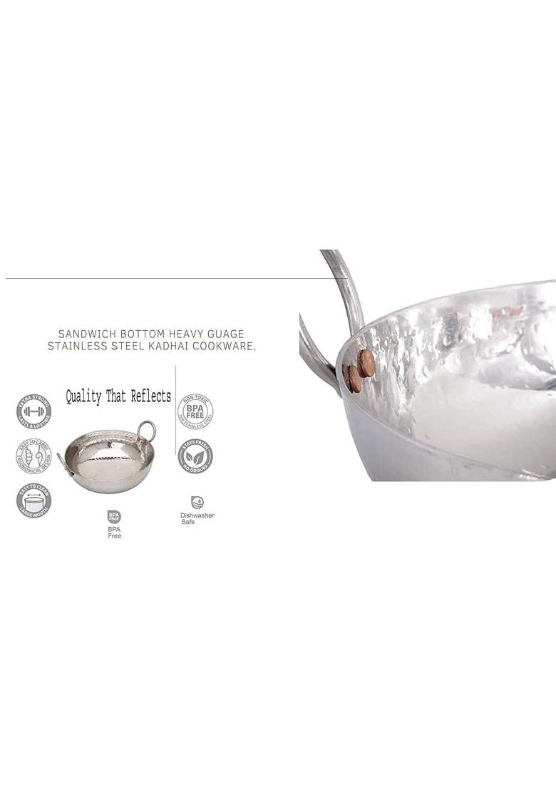 KC Sandwich Bottom Heavy Guage Stainless Steel Hammered Kadhai Wok Cookware | 1500 ml | 50.7 fl oz - Indya