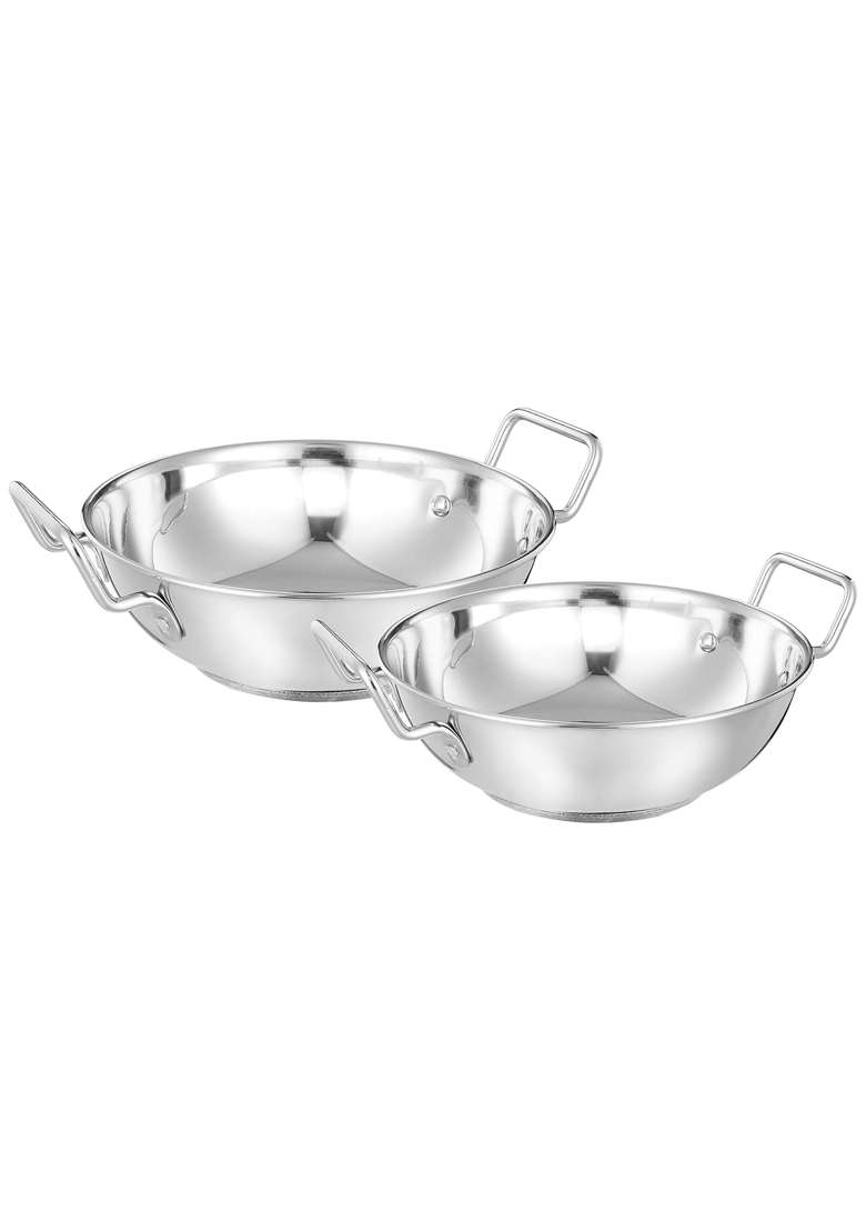 Solimo Amazon Brand Solimo Stainless Steel Induction Bottom Kadhai Wok Set Size | 2 L | 2.1 Qt | 22 cm | 8.7 Inch | 2-Piece Set - Indya