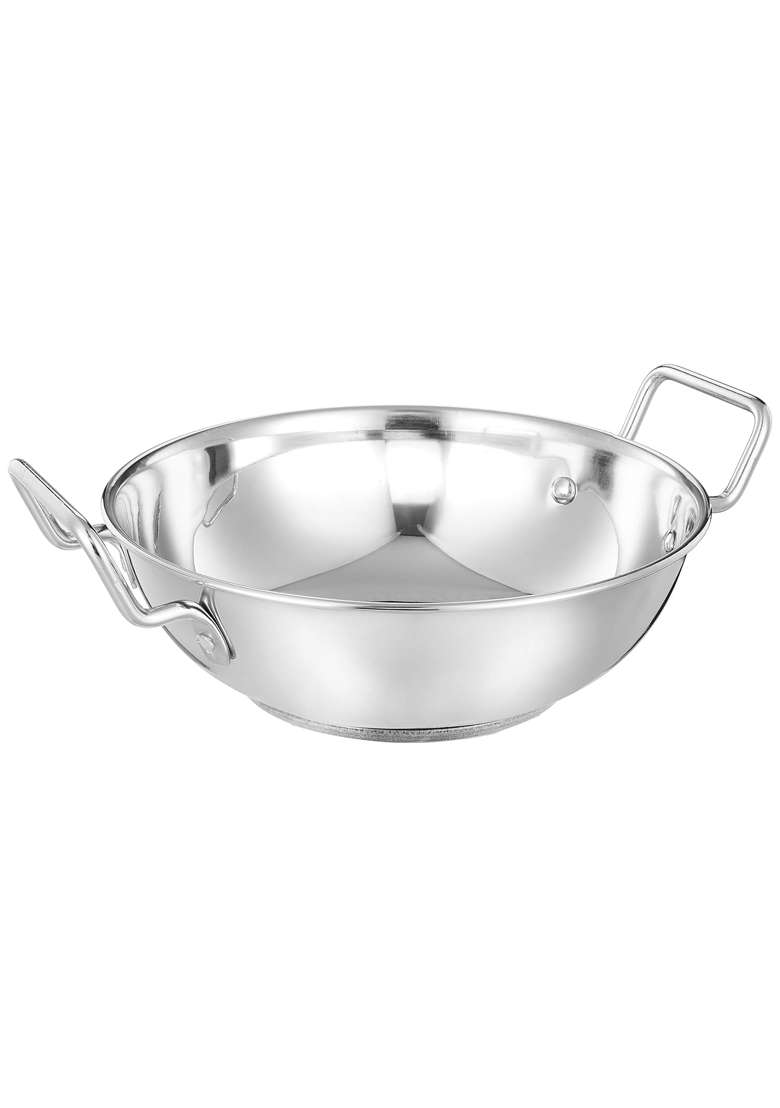 Solimo Amazon Brand Solimo Stainless Steel Induction Bottom Kadhai Wok Set Size | 2 L | 2.1 Qt | 22 cm | 8.7 Inch | 2-Piece Set - Indya