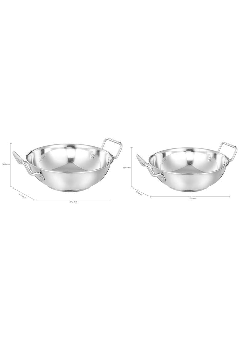 Solimo Amazon Brand Solimo Stainless Steel Induction Bottom Kadhai Wok Set Size | 2 L | 2.1 Qt | 22 cm | 8.7 Inch | 2-Piece Set - Indya