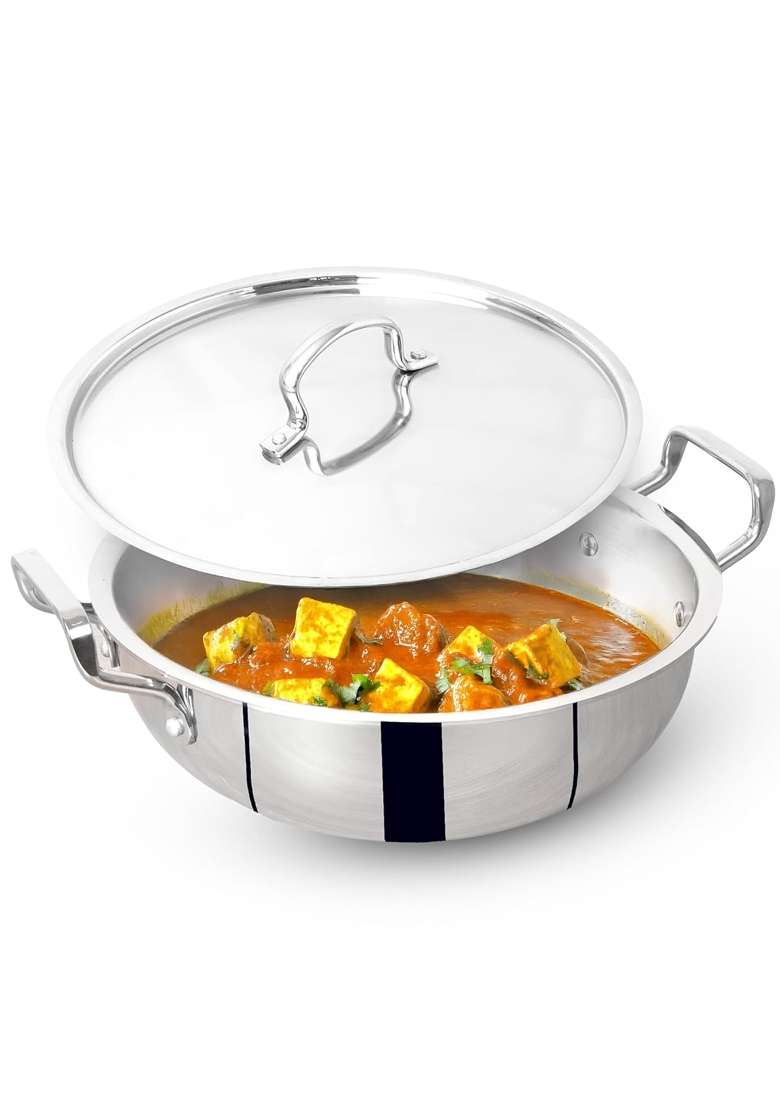 The Indus Valley Triply Stainless Steel Deep Kadai Wok Kadhai with Stainless Steel Lid | 5 L | 5.3 Qt | 28 cm | 11 Inch - Indya