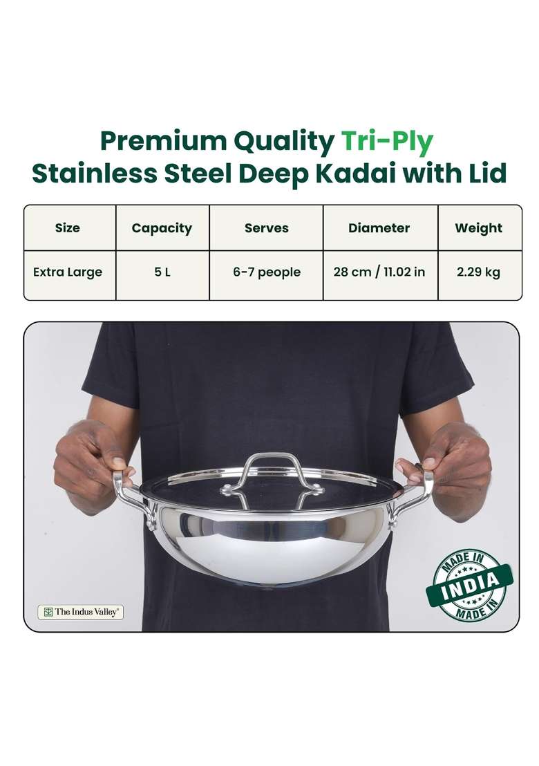 The Indus Valley Triply Stainless Steel Deep Kadai Wok Kadhai with Stainless Steel Lid | 5 L | 5.3 Qt | 28 cm | 11 Inch - Indya