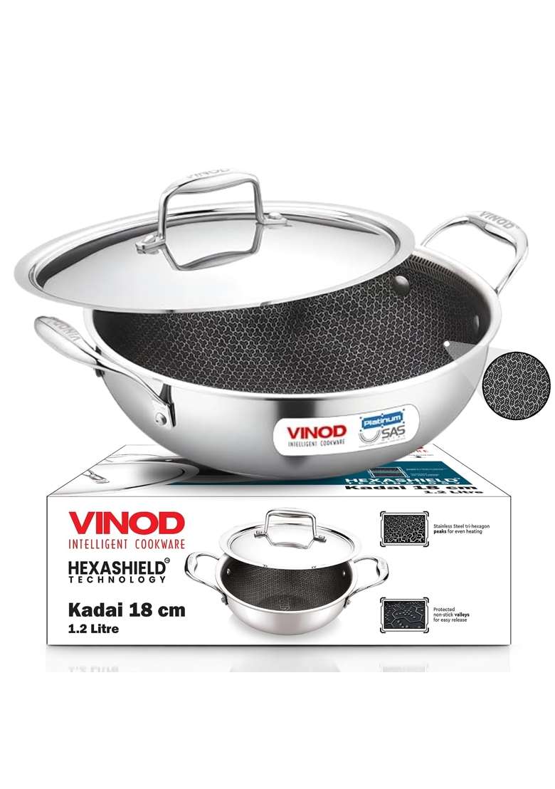 Vinod SAS Pro Platinum Triply Stainless Steel Extra Deep Kadai Wok | 2.5 L | 2.6 Qt | 22 cm | 8.7 Inch | Induction Compatible | PFOA Free - Indya
