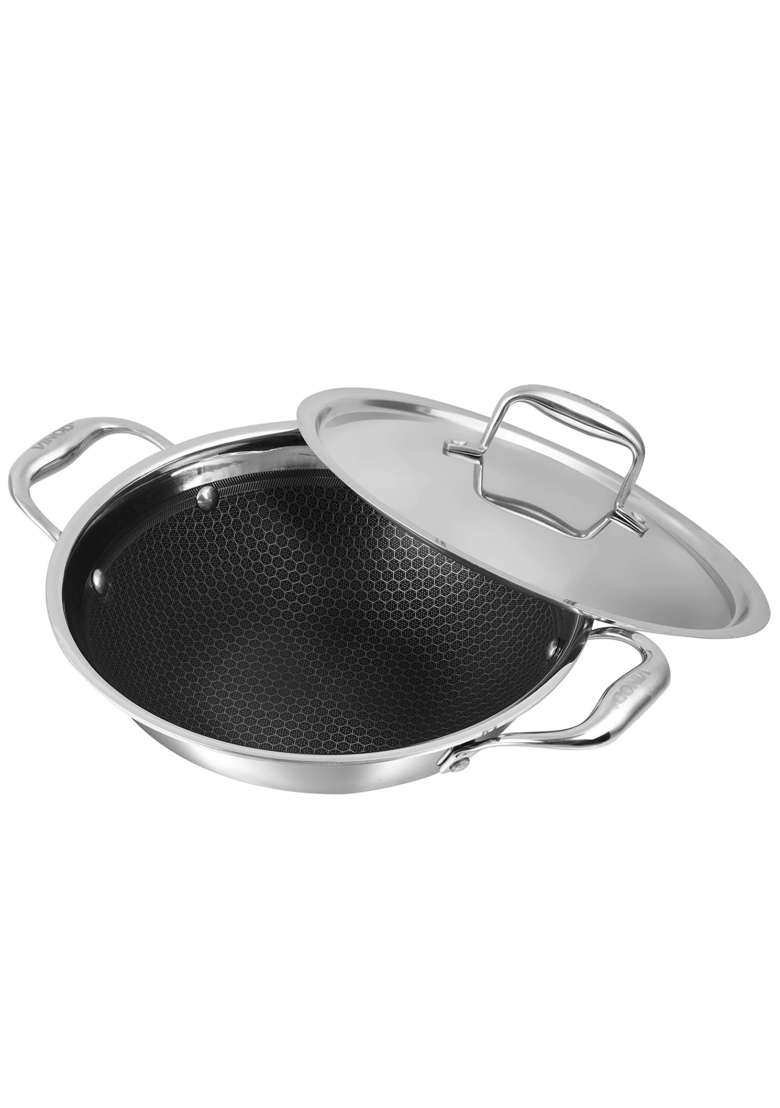 Vinod SAS Pro Platinum Triply Stainless Steel Extra Deep Kadai Wok | 2.5 L | 2.6 Qt | 22 cm | 8.7 Inch | Induction Compatible | PFOA Free - Indya
