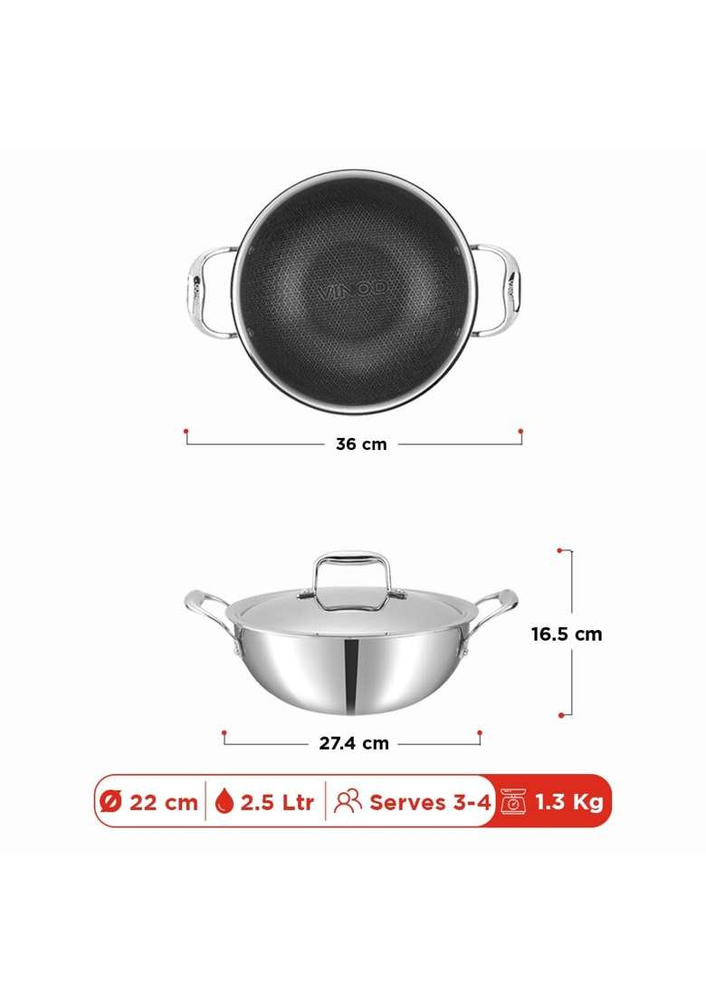Vinod SAS Pro Platinum Triply Stainless Steel Extra Deep Kadai Wok | 2.5 L | 2.6 Qt | 22 cm | 8.7 Inch | Induction Compatible | PFOA Free - Indya