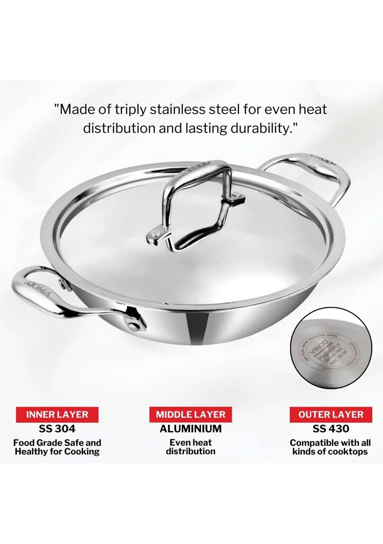 Vinod SAS Pro Platinum Triply Stainless Steel Extra Deep Kadai Wok | 2.5 L | 2.6 Qt | 22 cm | 8.7 Inch | Induction Compatible | PFOA Free - Indya