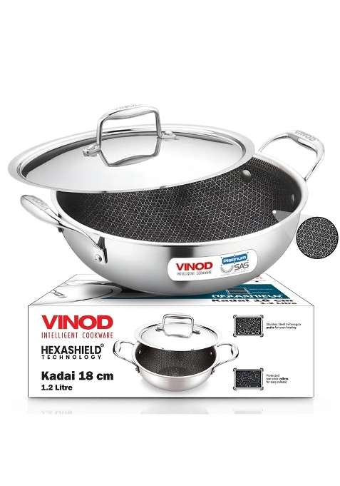Vinod SAS Pro Platinum Triply Stainless Steel Extra Deep Kadai Wok | 2.5 L | 2.6 Qt | 22 cm | 8.7 Inch | Induction Compatible | PFOA Free