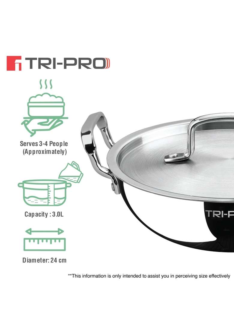 BERGNER TriPro Tri-Ply Stainless Steel | 3 L | 3.2 Qt | 24 cm | 9.4 Inch | Induction Compatible | With Lid - Indya
