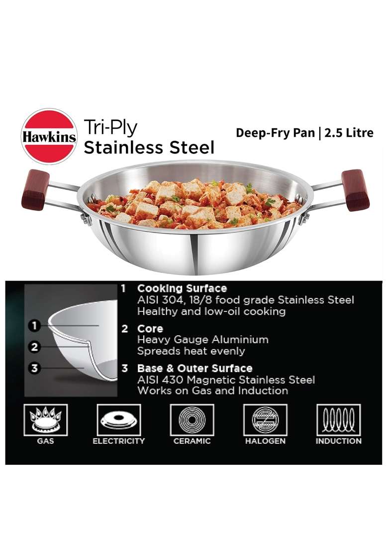 Hawkins Deep Fry Pan | 2.5 L | 2.6 Qt | Induction Compatible | Tri-Ply - Indya
