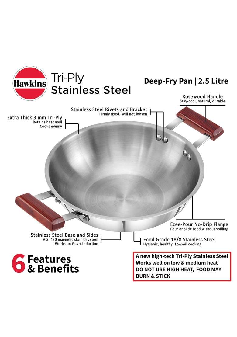 Hawkins Deep Fry Pan | 2.5 L | 2.6 Qt | Induction Compatible | Tri-Ply - Indya