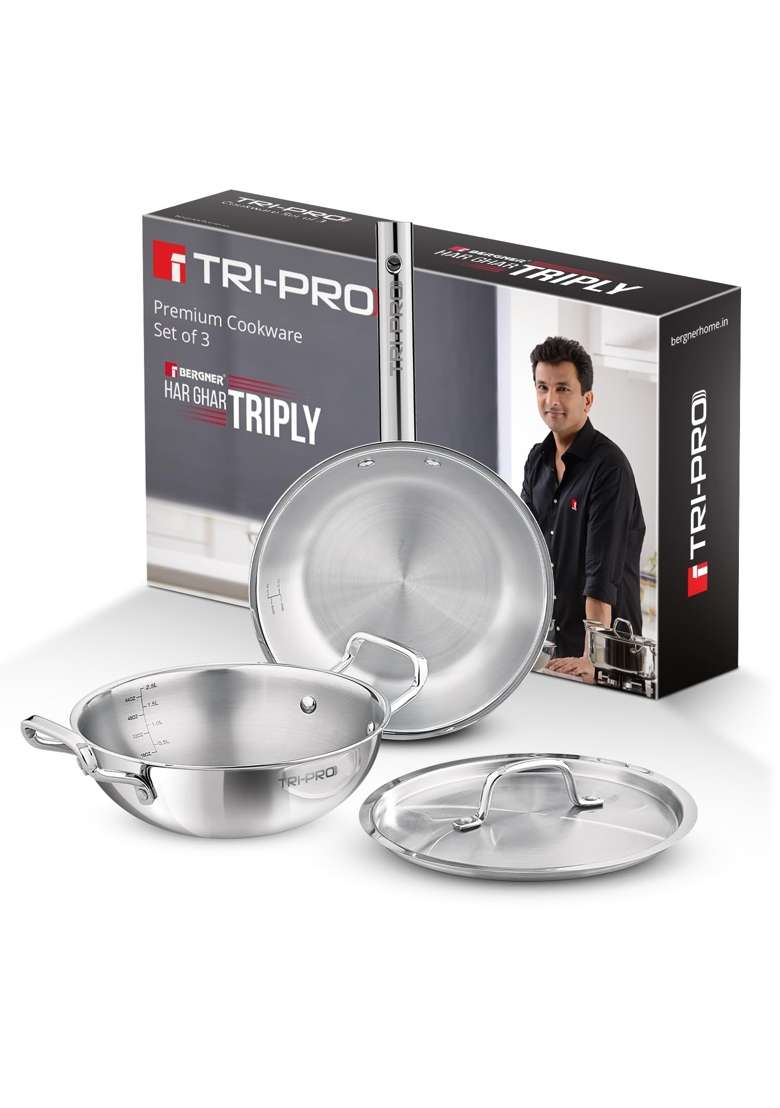 BERGNER TriPro Triply Stainless Steel Cookware Set | 3 L | 3.2 Qt | 24 cm | 9.4 Inch | 3-Piece Set | Induction Compatible | With Lid - Indya
