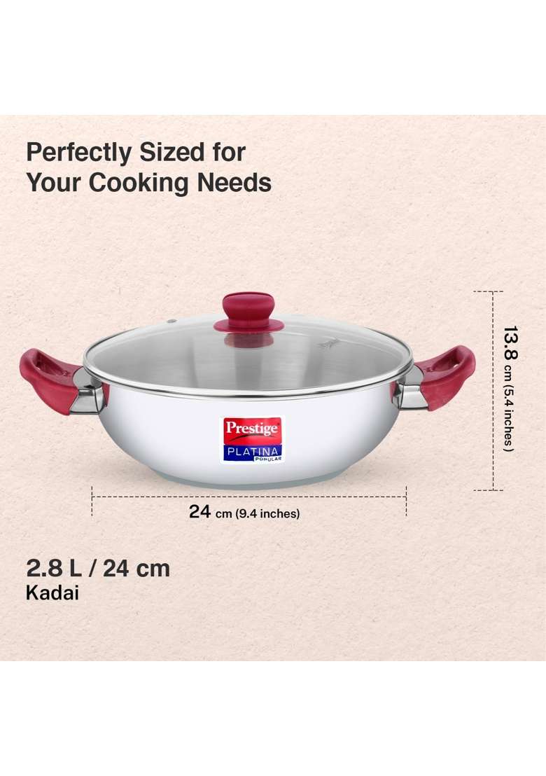 Prestige Platina Popular Stainless Steel Gas and Induction Compatible Kadhai Wok with Glass | 24 cm | 9.4 Inch | With Lid - Indya