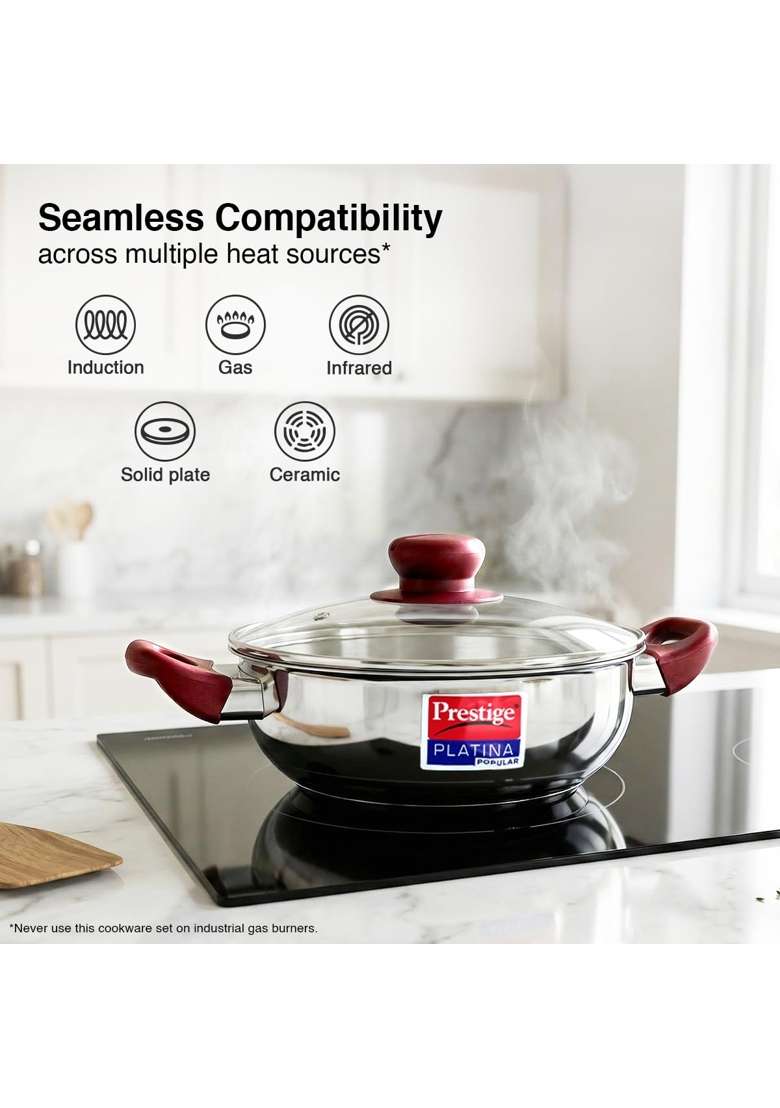 Prestige Platina Popular Stainless Steel Gas and Induction Compatible Kadhai Wok with Glass | 24 cm | 9.4 Inch | With Lid - Indya