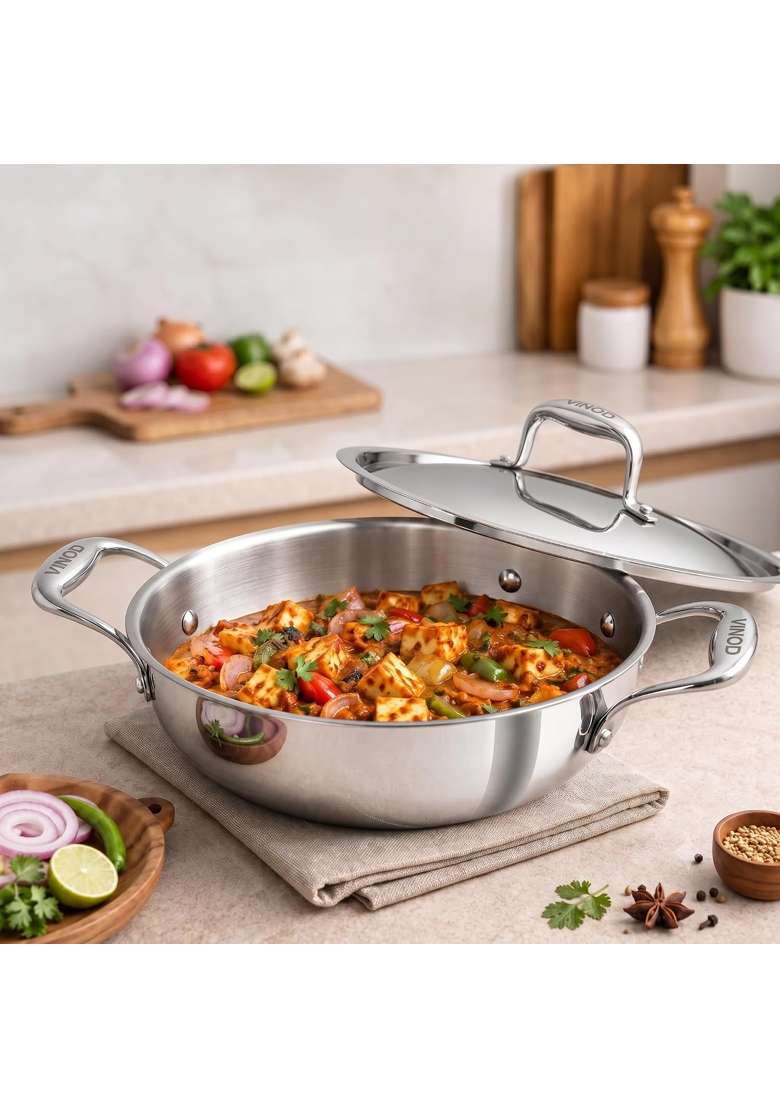 Vinod Platinum Triply Stainless Steel Extra Deep Kadai Wok | 1.2 L | 1.3 Qt | 18 cm | 7.1 Inch - Indya