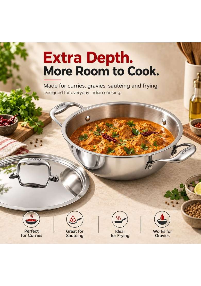 Vinod Platinum Triply Stainless Steel Extra Deep Kadai Wok | 1.2 L | 1.3 Qt | 18 cm | 7.1 Inch - Indya