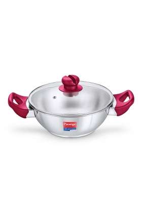 Prestige Platina Popular Stainless Steel Gas and Induction Compatible Kadai Wok with Glass | With Lid