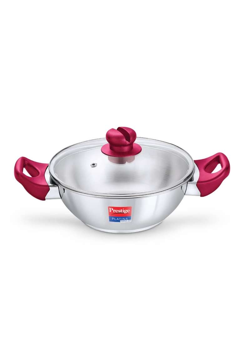 Prestige Platina Popular Stainless Steel Gas and Induction Compatible Kadai Wok with Glass | With Lid - Indya