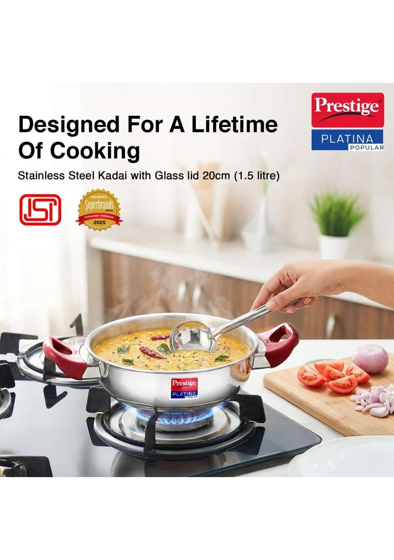 Prestige Platina Popular Stainless Steel Gas and Induction Compatible Kadai Wok with Glass | With Lid - Indya