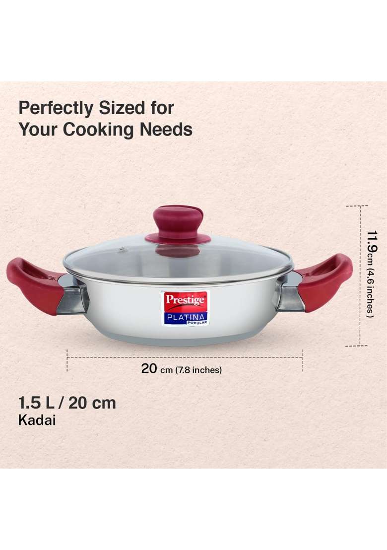 Prestige Platina Popular Stainless Steel Gas and Induction Compatible Kadai Wok with Glass | With Lid - Indya