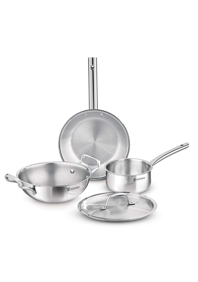 BERGNER TriPro Tri-Ply Stainless Steel Induction Bottom Cookware Set | 2 L | 2.1 Qt | 22 cm | 8.7 Inch | 4-Piece Set - Indya