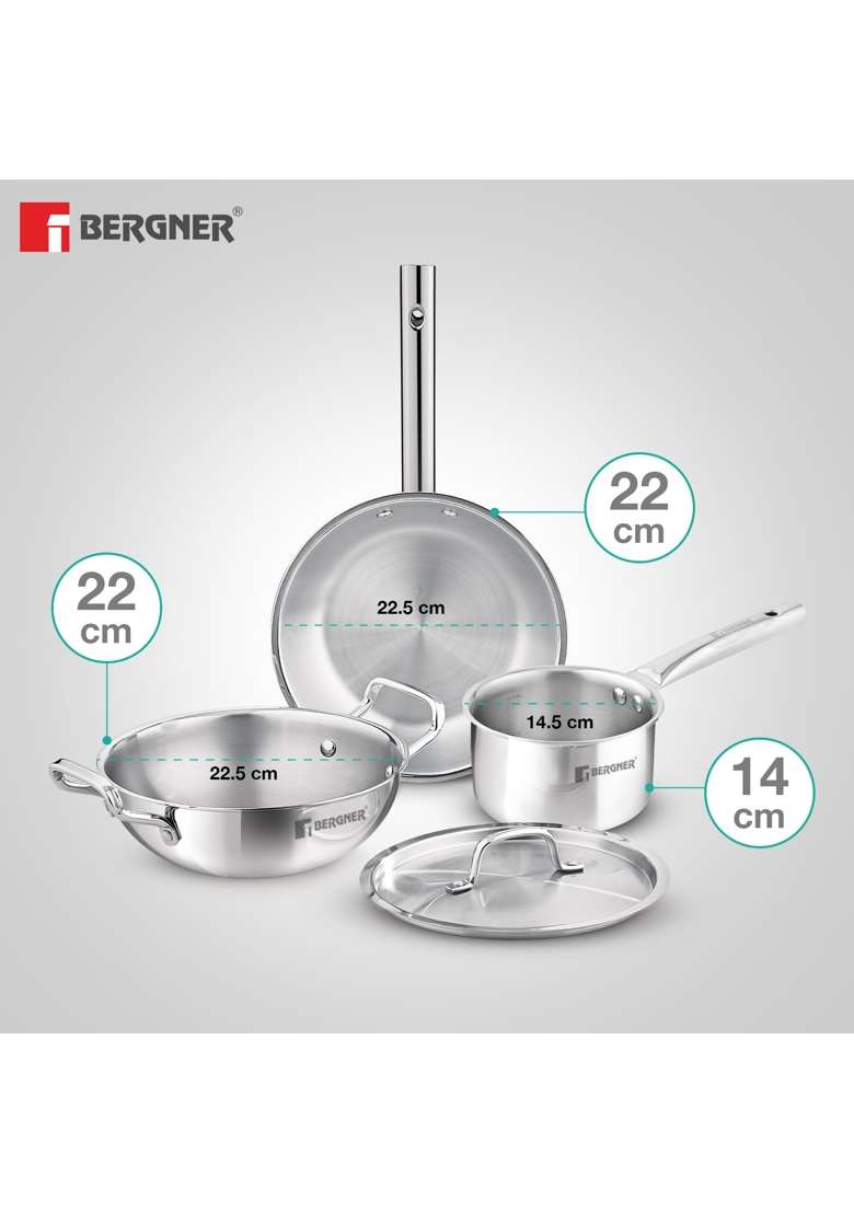 BERGNER TriPro Tri-Ply Stainless Steel Induction Bottom Cookware Set | 2 L | 2.1 Qt | 22 cm | 8.7 Inch | 4-Piece Set - Indya