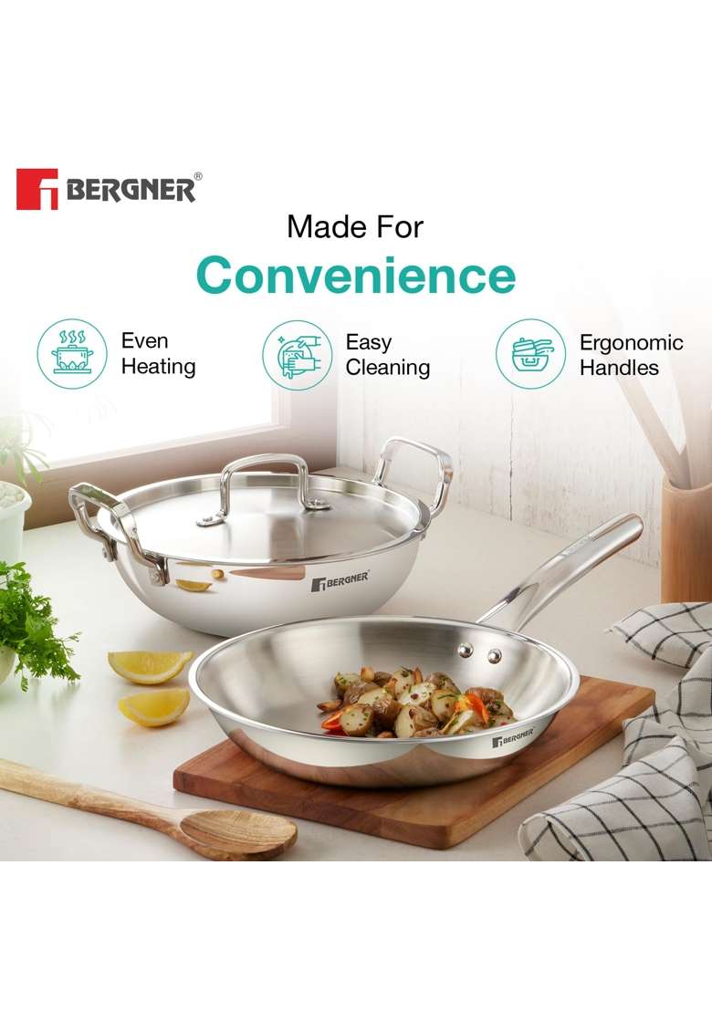 BERGNER TriPro Tri-Ply Stainless Steel Induction Bottom Cookware Set | 2 L | 2.1 Qt | 22 cm | 8.7 Inch | 4-Piece Set - Indya