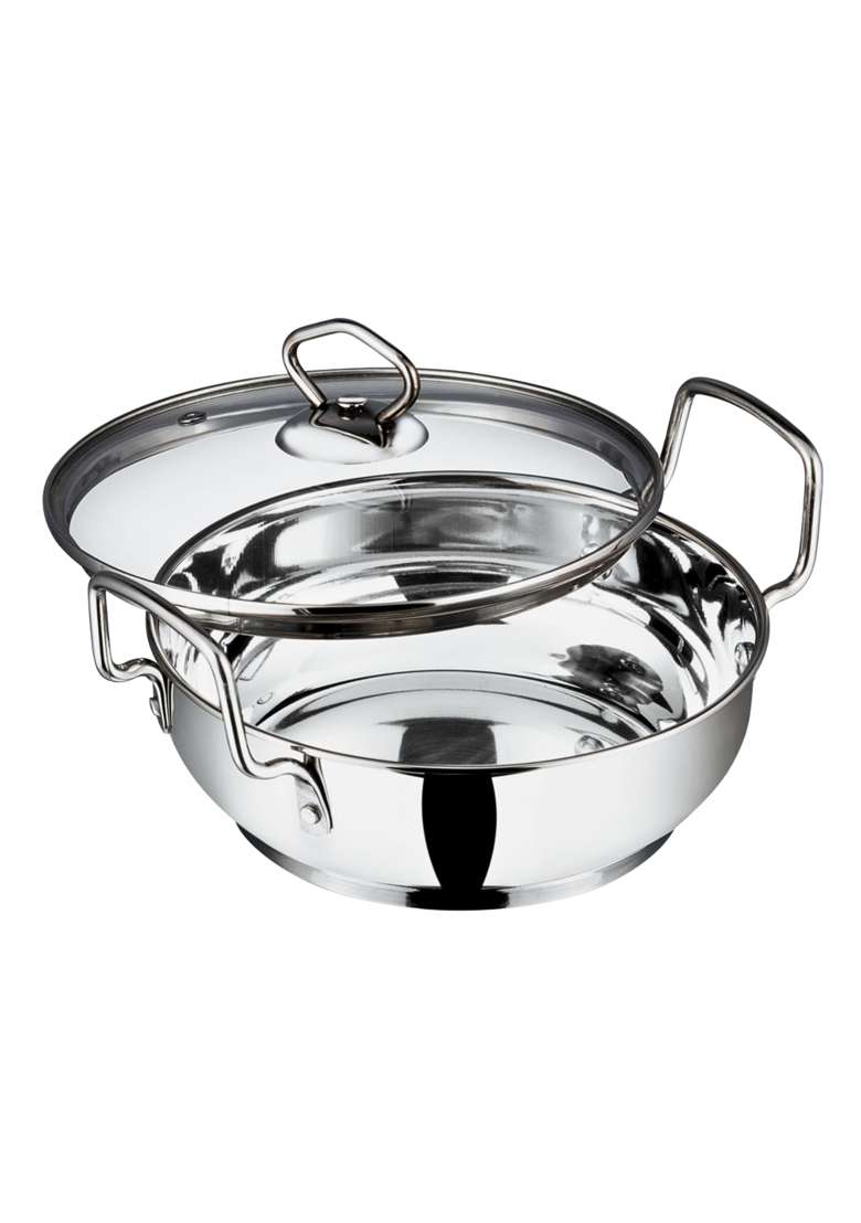 Vinod Stainless Steel Kadhai Wok with Glass Lid | 1.5 L | 1.6 Qt | 18 cm | 7.1 Inch | Induction Compatible | Heavy Bottom - Indya