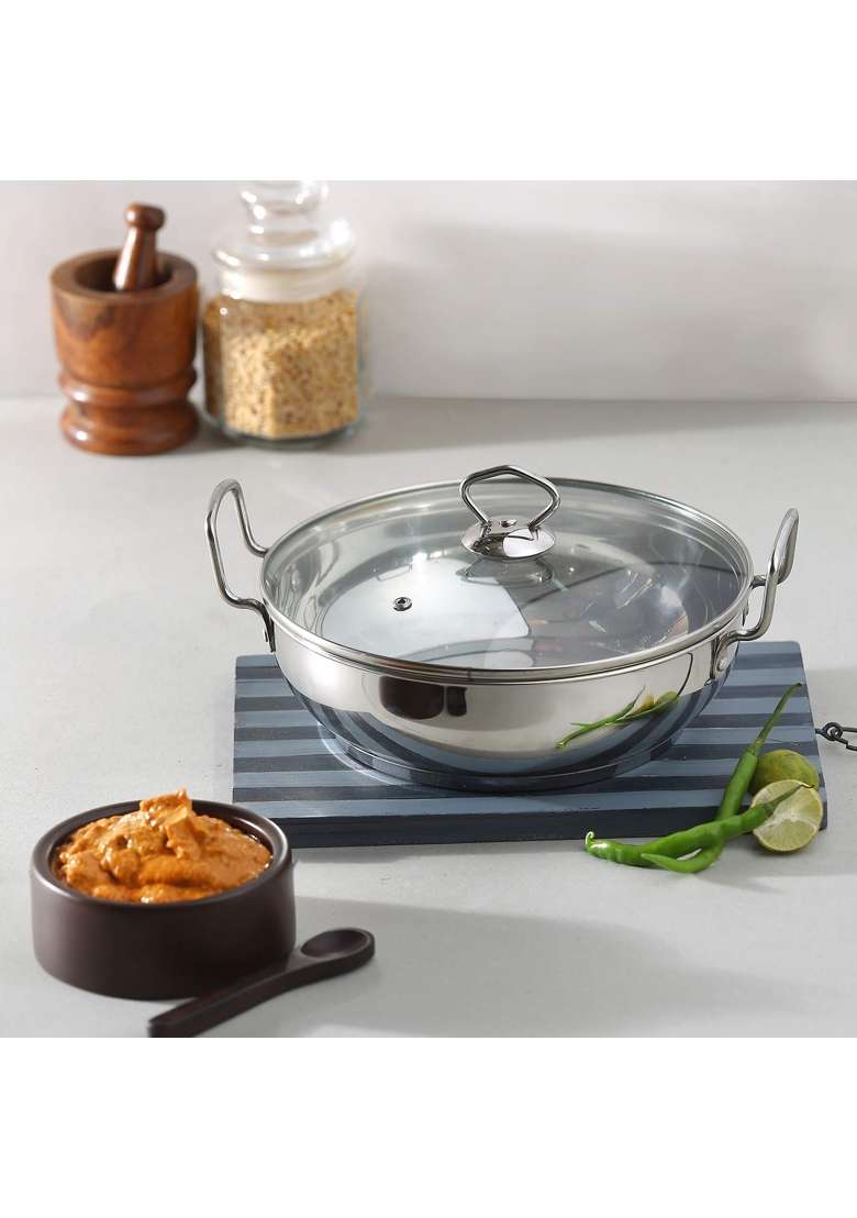Vinod Stainless Steel Kadhai Wok with Glass Lid | 1.5 L | 1.6 Qt | 18 cm | 7.1 Inch | Induction Compatible | Heavy Bottom - Indya