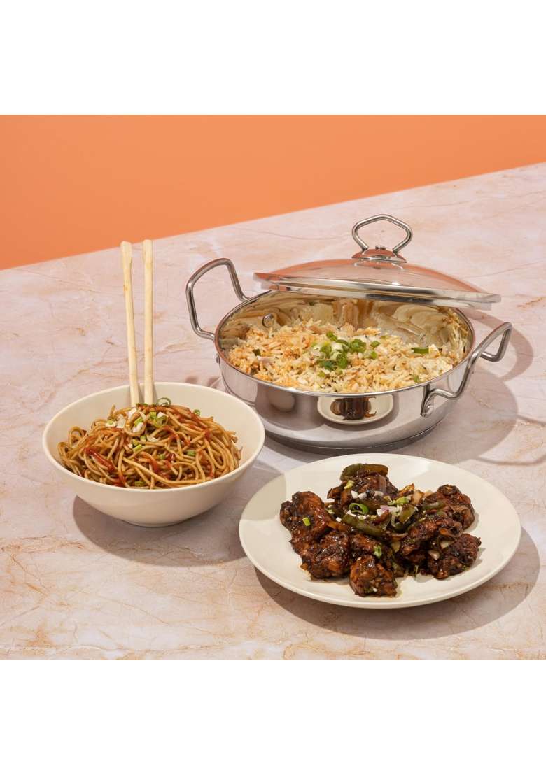 Vinod Stainless Steel Kadhai Wok with Glass Lid | 1.5 L | 1.6 Qt | 18 cm | 7.1 Inch | Induction Compatible | Heavy Bottom - Indya
